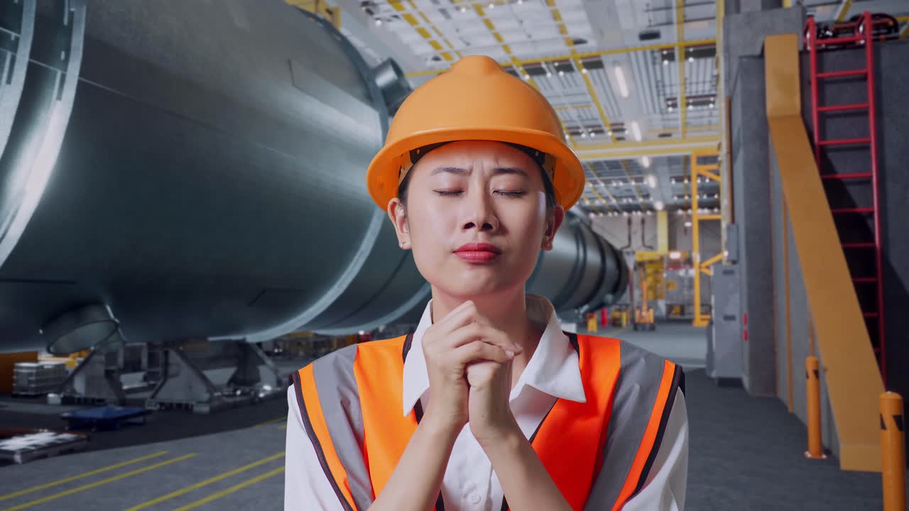 안전 헬을 입은 아시아 여성 엔지니어가 파이프 제조 공장에서 서서 무언가를 위해 기도합니다.