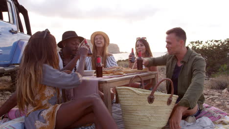 friends enjoying picnic on cliffs by sea shot on r3d