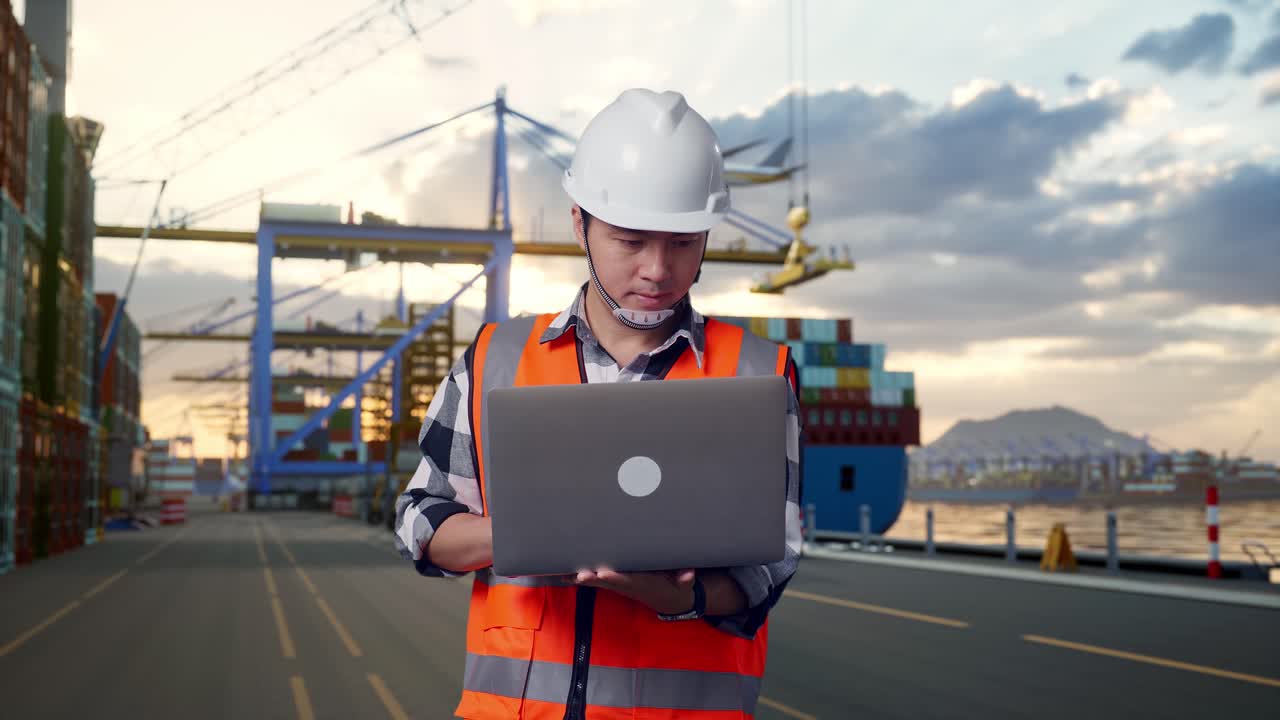 Asian Male Engineer With Safety Helmet Working On A Laptop While Standing at Port with Container Ship and Cranes at Sunset