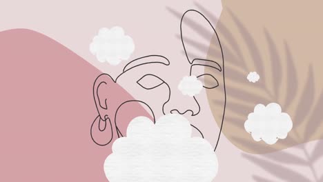 Animation-of-face-drawing-and-clouds-on-pink-background