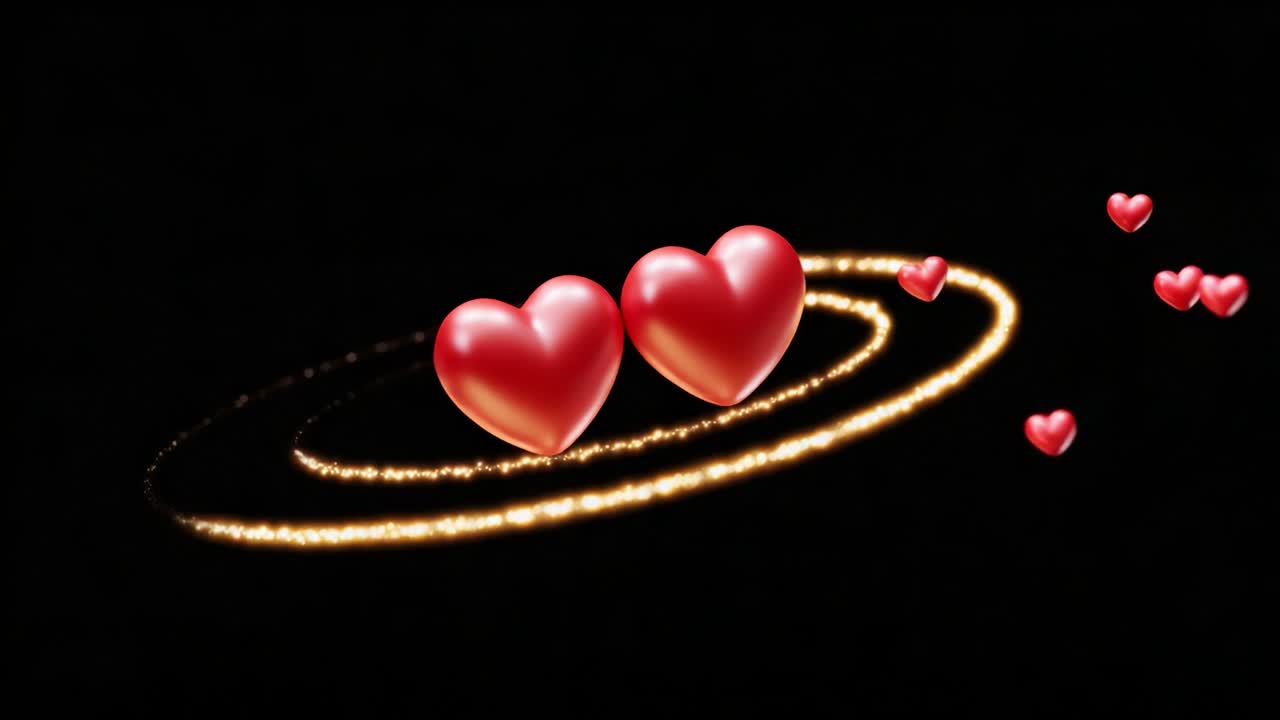 A captivating animated scene featuring two vibrant red hearts at the center of a swirling golden ring, surrounded by floating smaller hearts, symbolizing love and connection