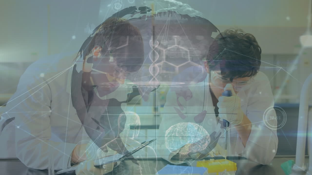 animación de redes y procesamiento de datos entre diversos científicos en el laboratorio