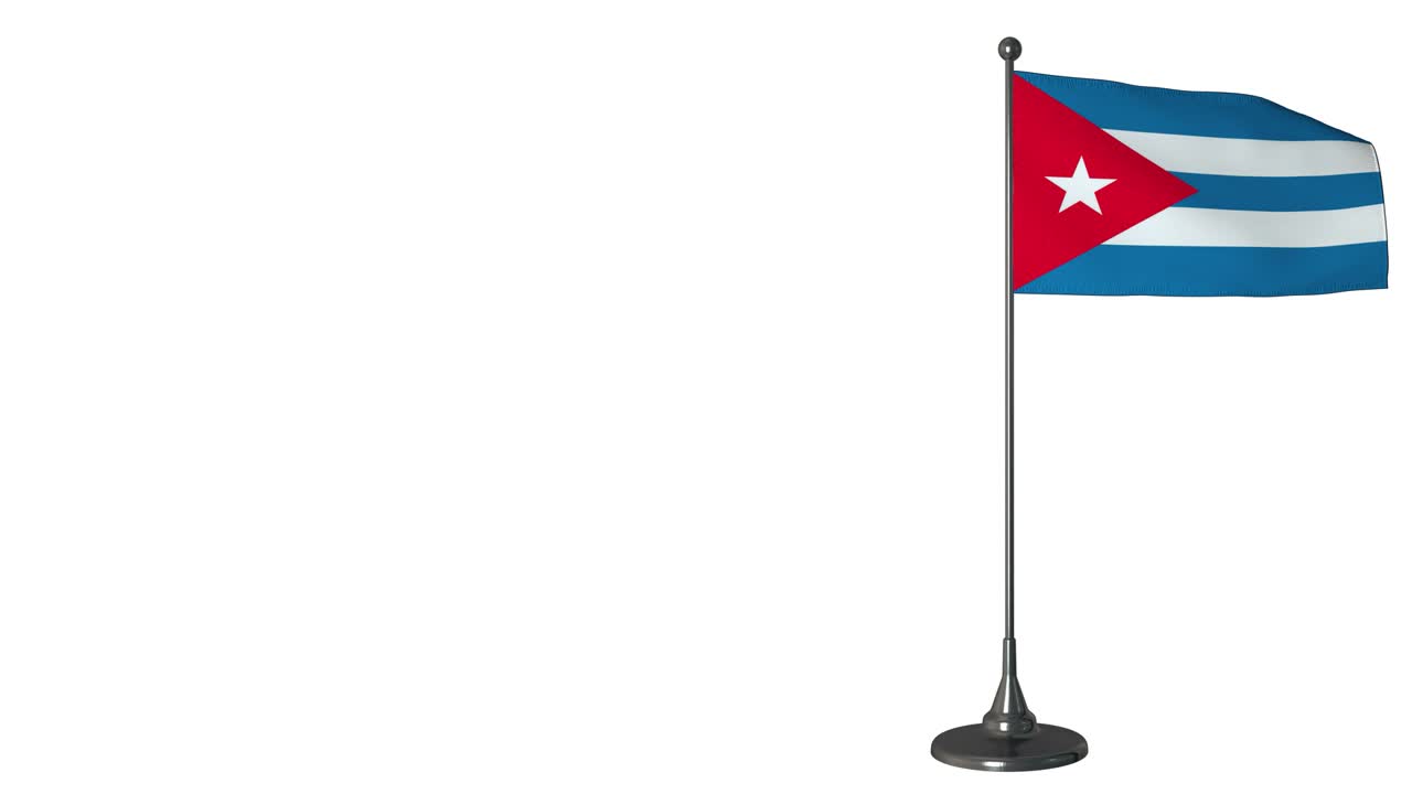 Piccola bandiera di Cuba che sventola su un'asta. Sfondo a schermo bianco, canale alfa 4K