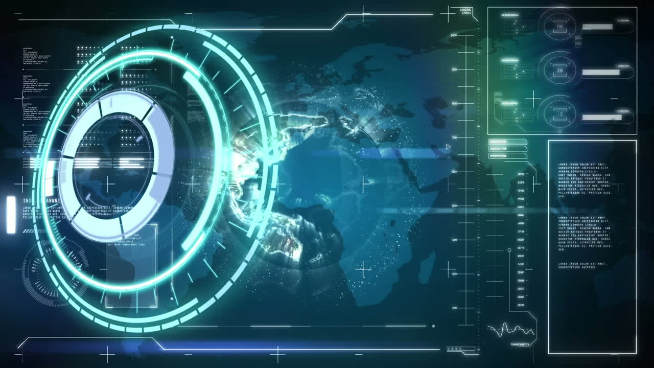 анимация сканирования и обработки данных на синем фоне