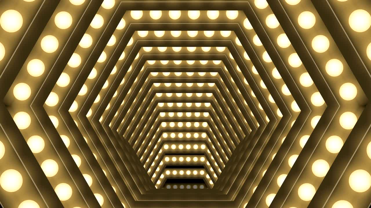 터널 불빛 전구 상자 프레임 육각형 모양 움직이는 패턴, 레트로 3d 가상 스타일 일러스트레이션 어두운 배경에서 빛나는 원활한 루핑 애니메이션 4k, 복사 공간