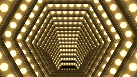 cuadro de caja de bombilla incandescente de túnel forma hexagonal patrón móvil, retro 3d estilo virtual ilustración brillo en fondo oscuro animación de bucle sin costuras 4k, con espacio de copia