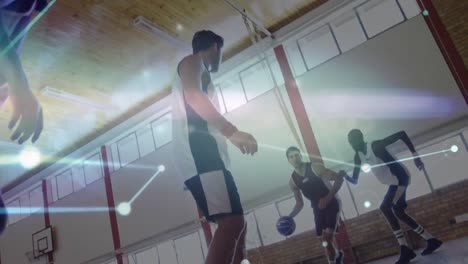 Animation-Des-Netzwerks-Von-Verbindungen-Während-Eines-Basketballspiels-Im-Fitnessstudio