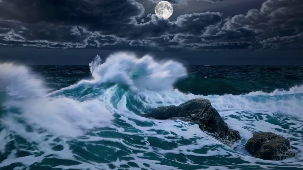Dramatic seascape video concept with a low-angle view of waves crashing against rocks under a full