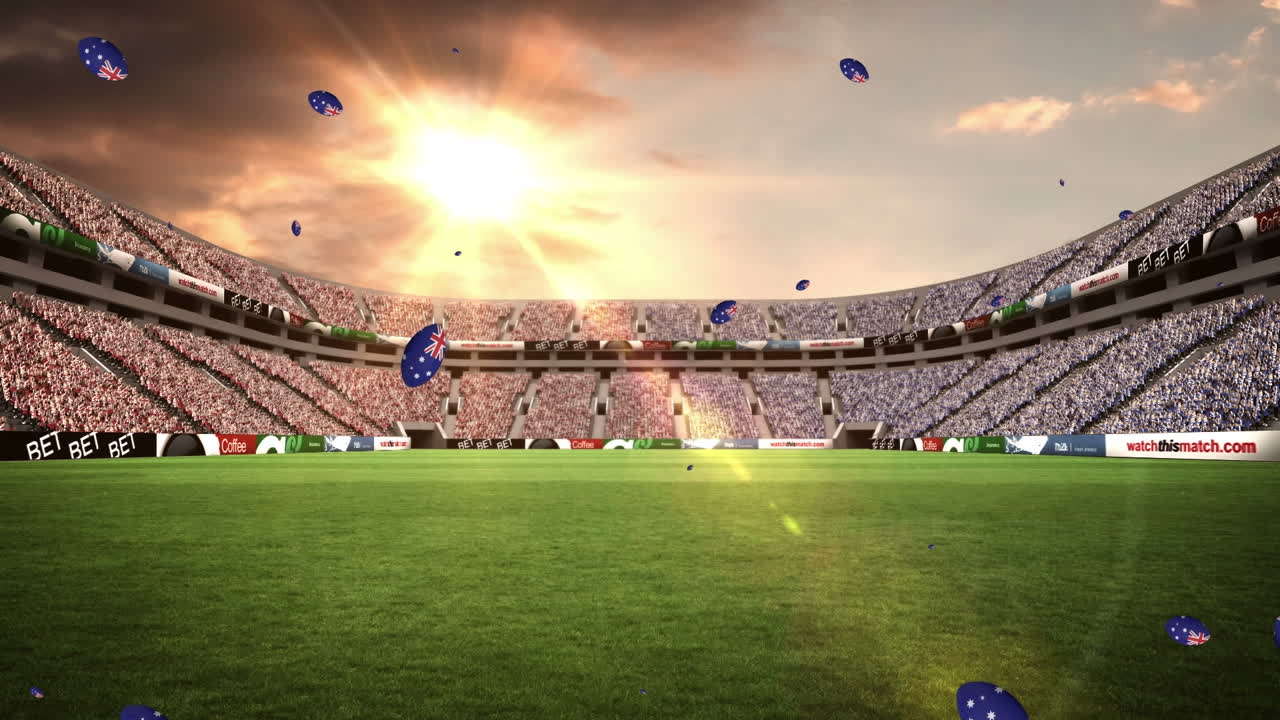animación de pelotas con bandera australiana flotando sobre el estadio deportivo