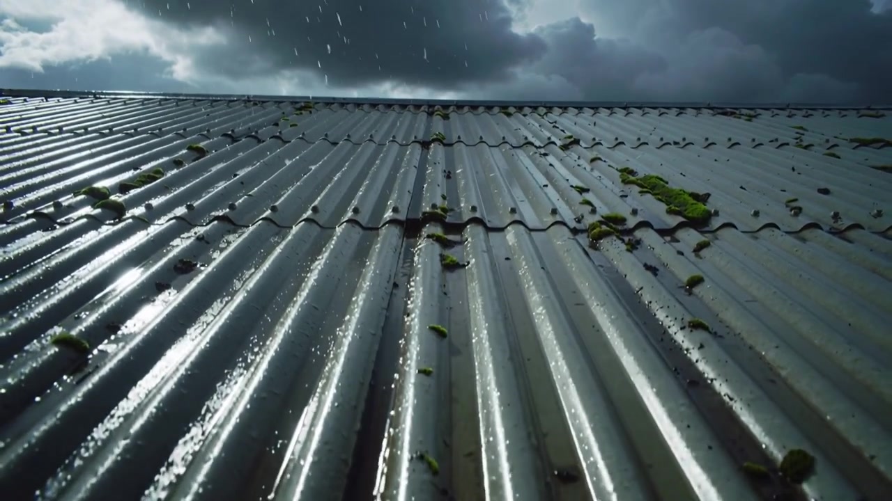 Striking raindrop creating splashes, sending runoff down corrugated roof with moss during storm