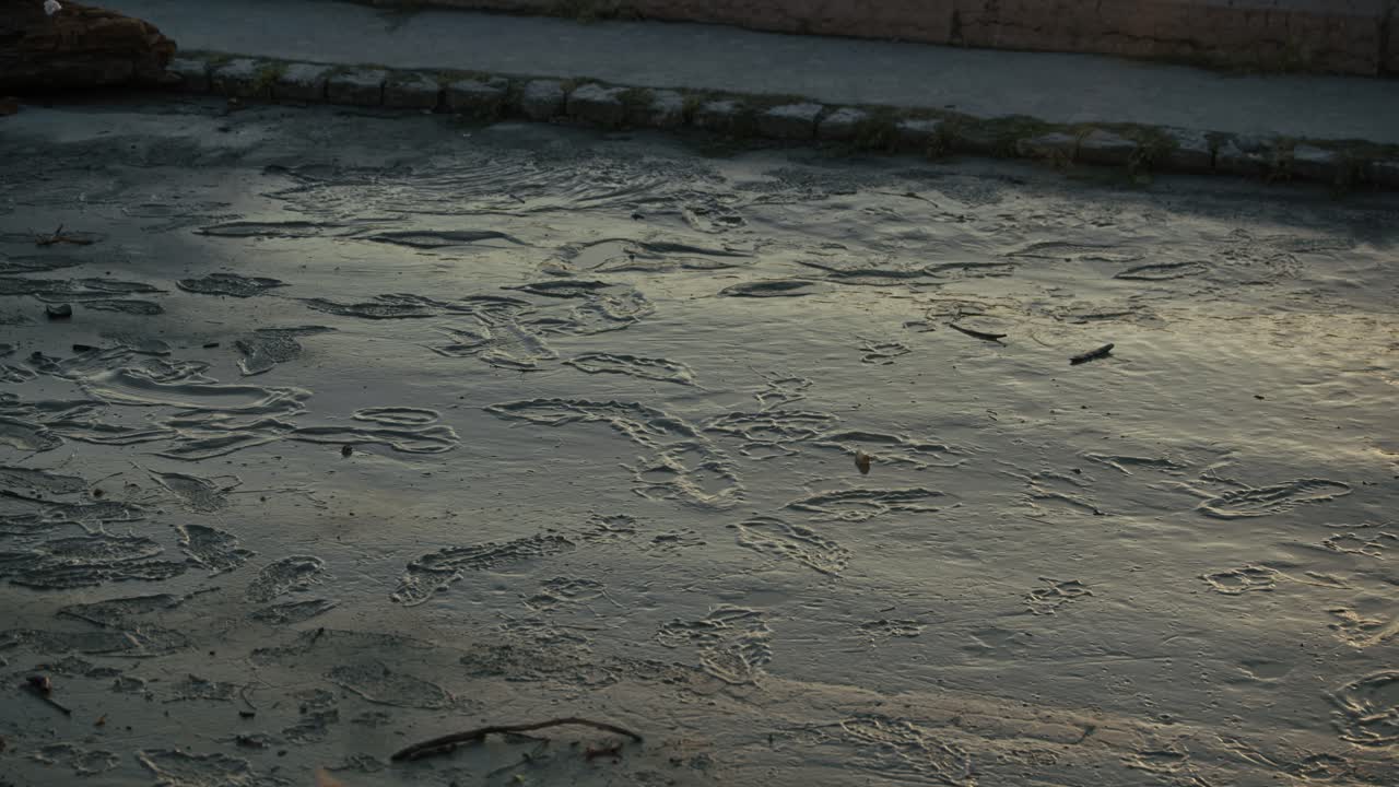 Footprints in dried mud left by receding floodwaters on a riverside path, Budapest, Hungary