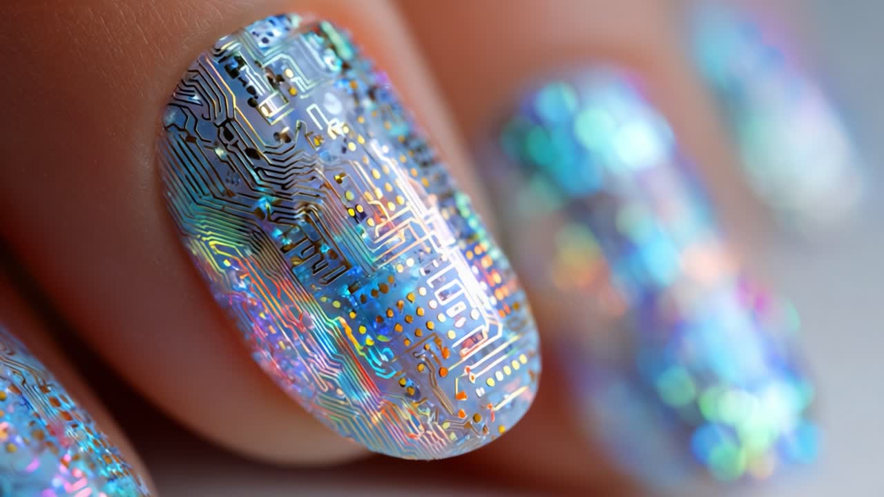 A Close-Up View of Futuristic Metallic Nail Art with Circuit Patterns and Holographic Finish, Showcasing Iridescent Colors and Intricate Details for Fashion Enthusiasts and Creators