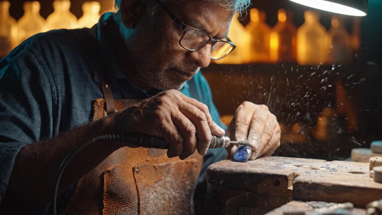 Crafting Artistry: A Focused Artisan Perfects a Gemstone with Precision Tools in a Dimly Lit Workshop Surrounded by Vintage Bottles and Materials