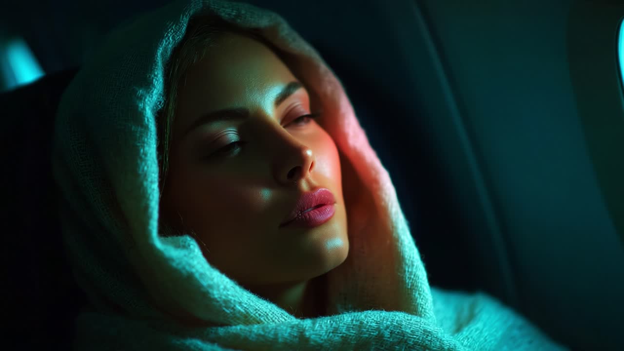 A Tranquil Traveler: A Serene Woman in a Hooded Blanket Resting Peacefully on an Airplane Seat, Embracing Calmness and Comfort During a Journey High Above the Clouds