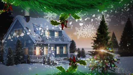 Animation-of-winter-scenery-with-lit-house