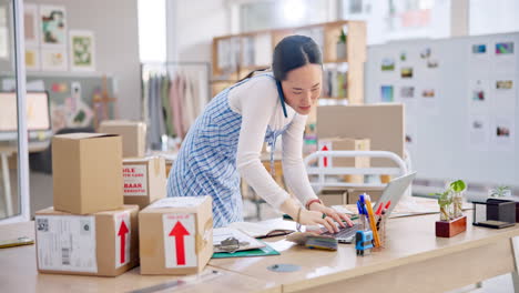 ecommerce, asian woman with phone call and tech