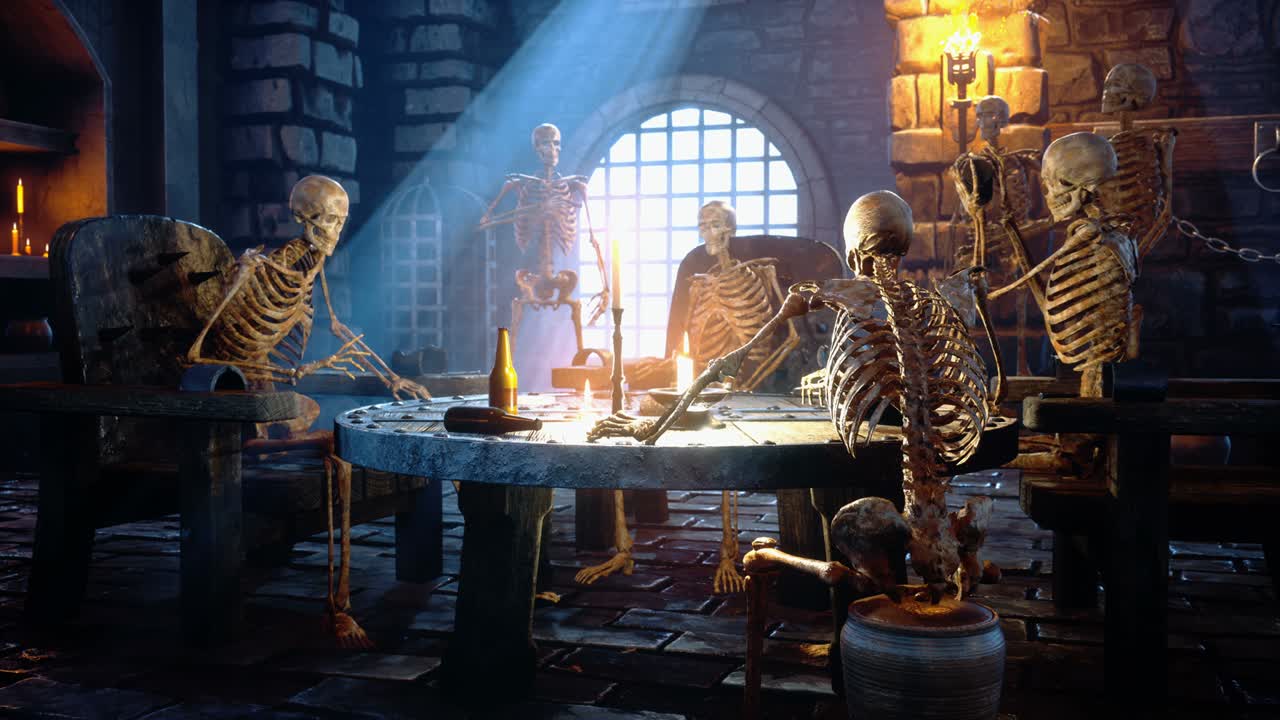 Una festa divertente tra antichi scheletri in vecchie catacombe medievali. Concetto di incubo mistico. L'animazione in loop continuo è per sfondi fantasy, mistici o storici.
