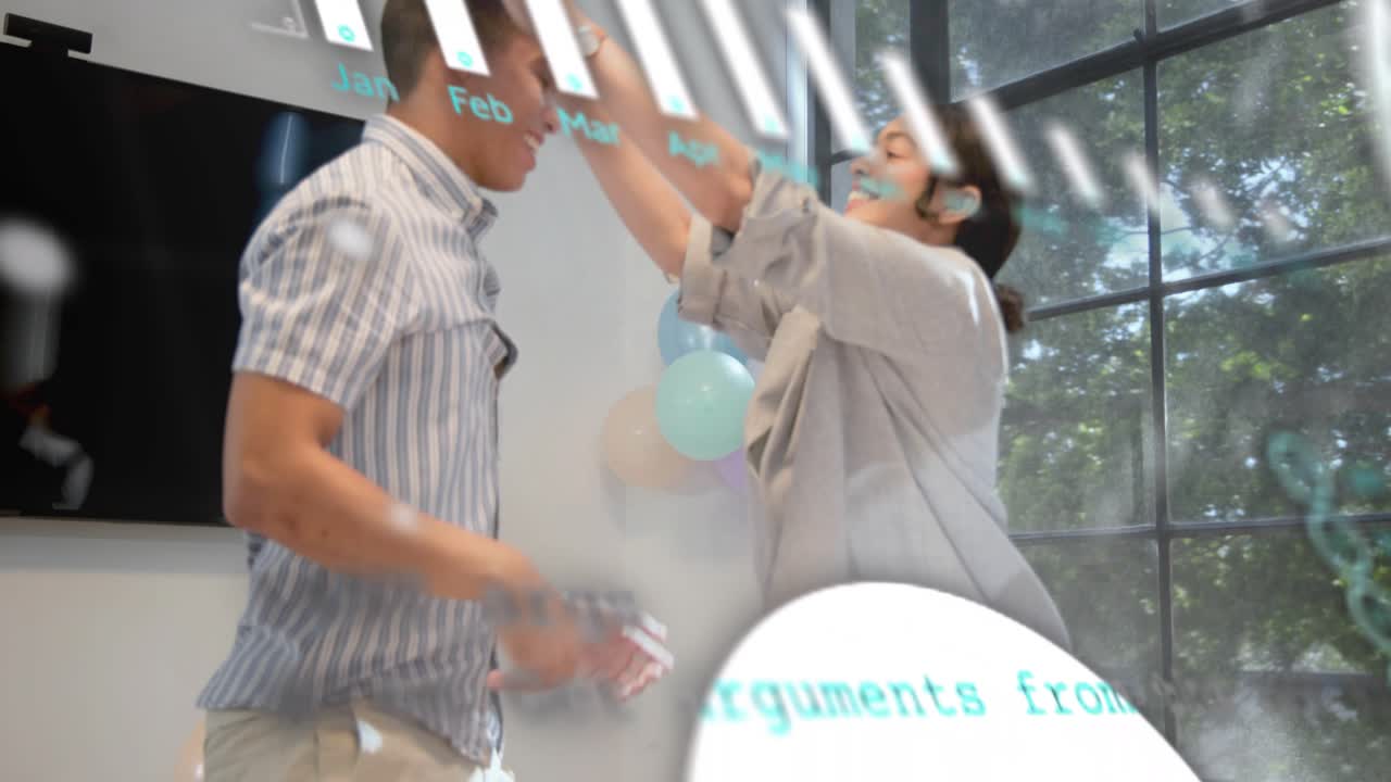 Man on tablet in office woman entering offering cake animated charts overlaying marking milestone