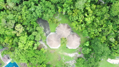 aerial drone pedestal top-down view of park shelter cinematic 4k