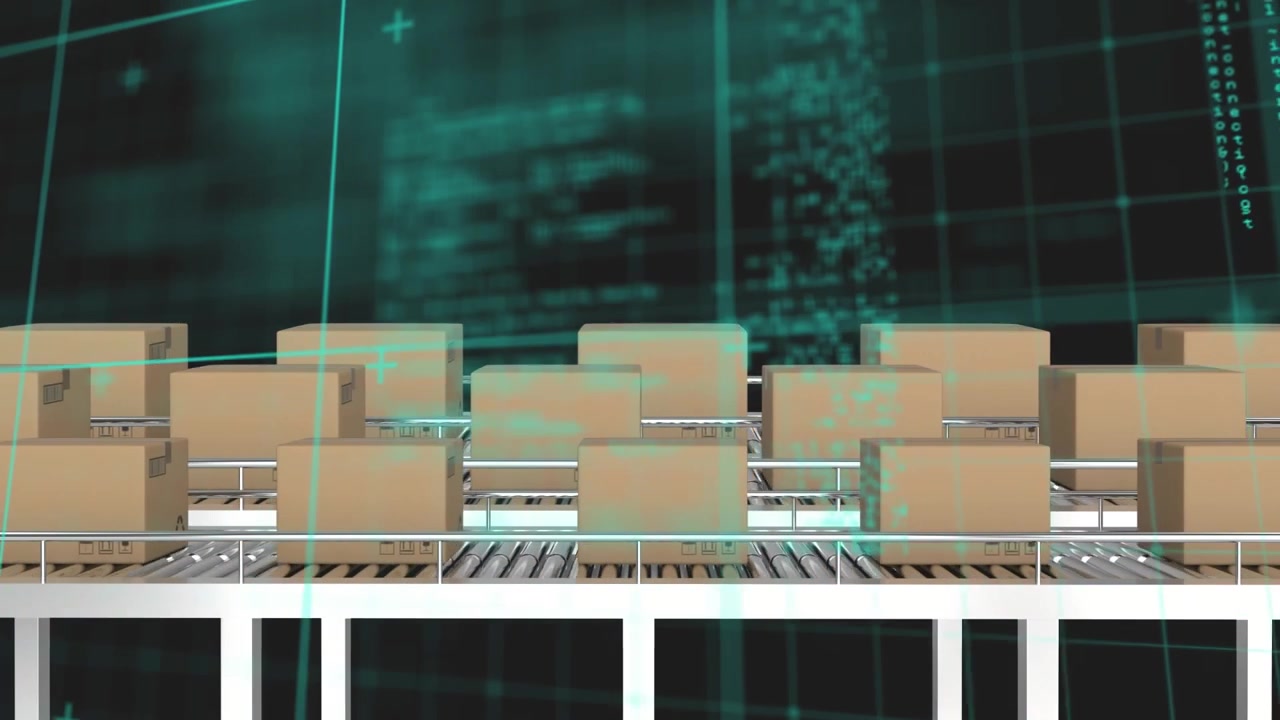 Animation af databehandling over flere kasser på transportbånd mod sort baggrund