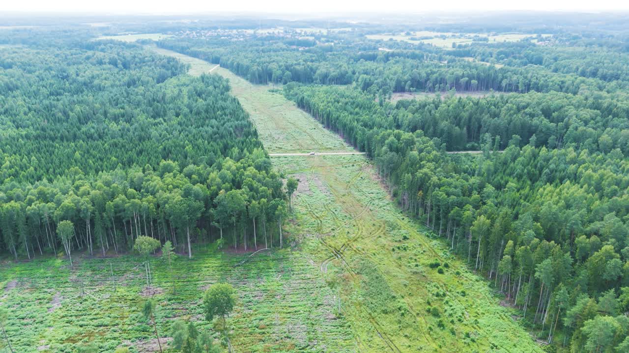 Green woodland and cut line prepared for railway construction, aerial view