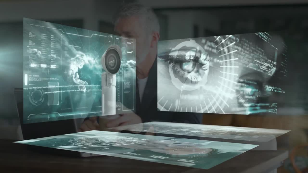 animación del procesamiento de datos financieros en pantallas y cámaras de seguridad sobre empresario en la oficina