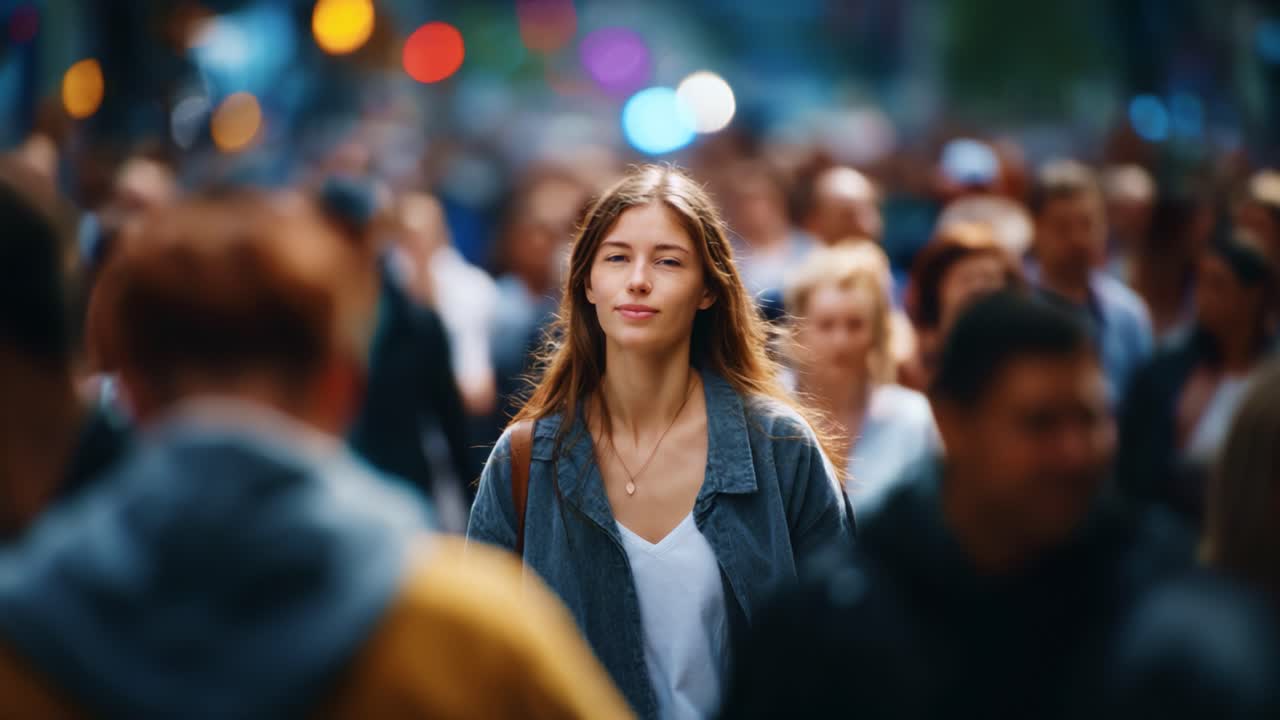 Una giovane donna cammina con sicurezza in una folla frenetica in un ambiente urbano, circondata da figure sfocate, catturando l'essenza della vita cittadina e dell'individualità.