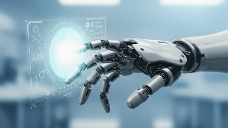 an advanced robotic hand interacting with a futuristic holographic interface, showcasing innovative technology and human-robot interaction in a high-tech environment