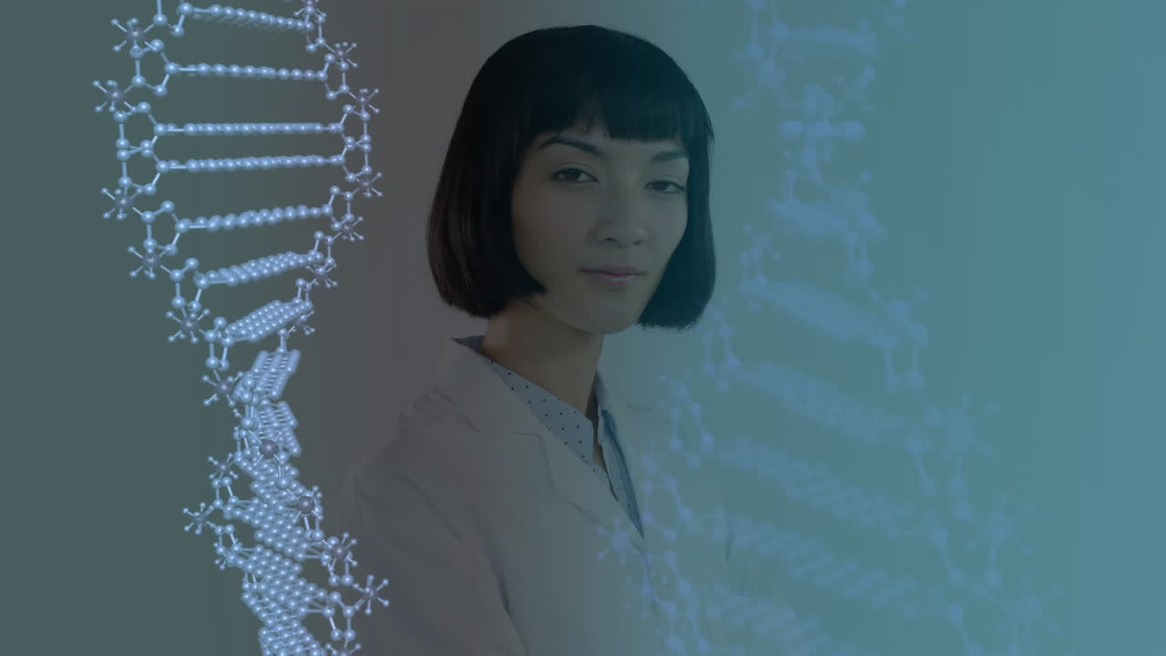 DNA结构和面带微笑的医生象征医学研究的进步。