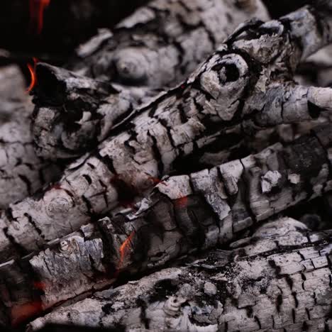 ready embers of wood for barbecue. glowing charcoals. hot embers of burning wood log fire. firewood burning on grill. close-up.