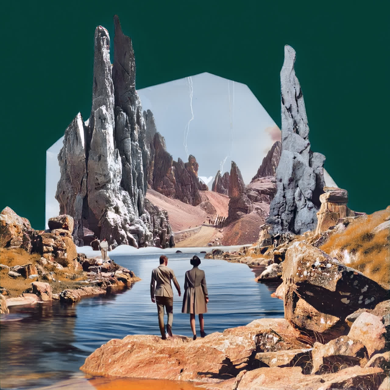 Surreal landscape with two travelers