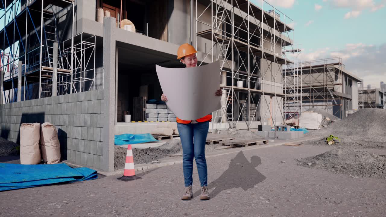 Full Body Of Asian Female Engineer With Safety Helmet Looking At Blueprint In Her Hands While Standing At Construction Site in Progress to New House