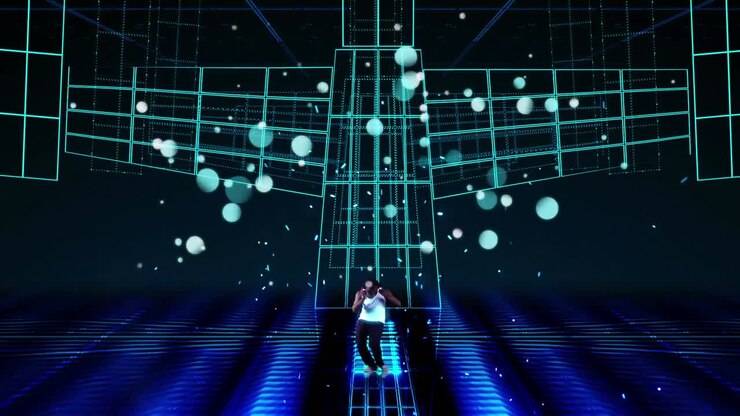 Moving spots of white light with dancing man and laser grid