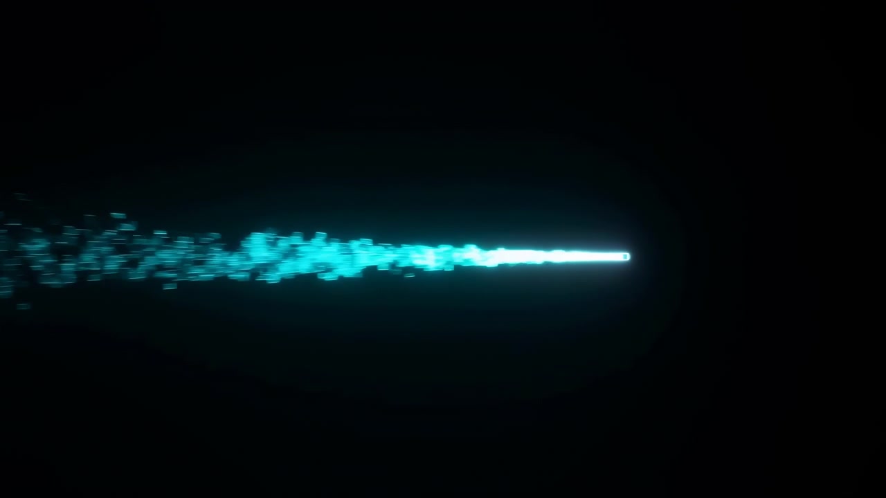 Lys cyan-emitter nær midten til højre udstråler en stærk stråle over en mørk baggrund med et langt lysende spor, spredte rektangulære partikler, blød dis, skarp kontrast og futuristisk visuel dybde
