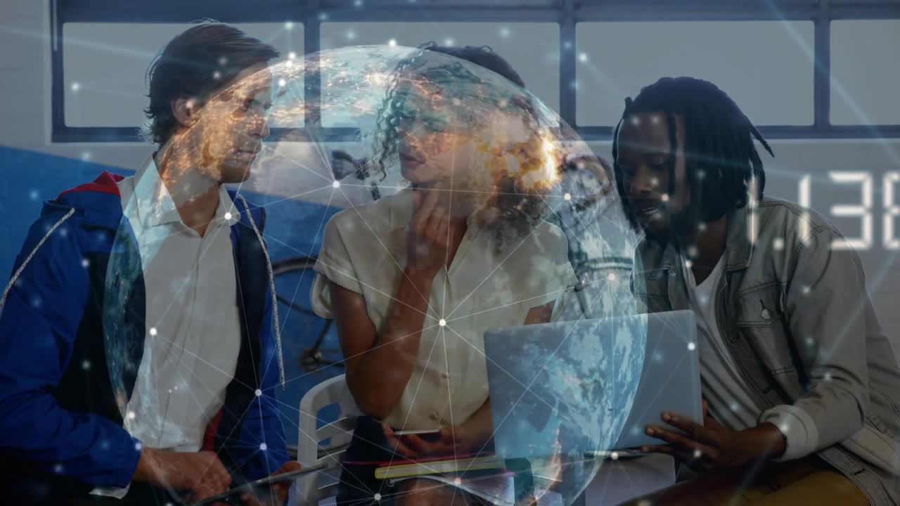 Left man gesturing tablet, causing group leaning, reviewing laptop for education, globe drifting