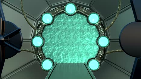 iron hatch opens panoramic view to the spaceship landscape scene. 3d abstract background of sci-fi corridor with portal. futuristic technology abstract vj for tech titles and background.