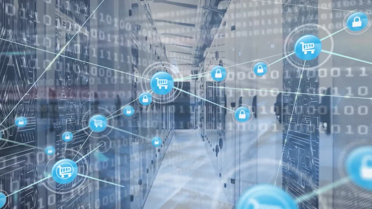 animación de la red de iconos digitales, codificación binaria, conexiones de microprocesador contra la sala de servidores