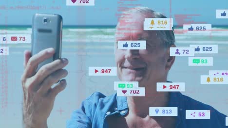 Animation-Von-Social-Media-Symbolen-Und-Datenverarbeitung-über-Einem-älteren-Mann-Mit-Smartphone