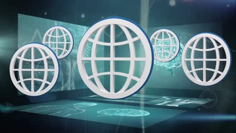 Animation-Von-Globussymbolen-über-Die-Datenverarbeitung-Auf-Schwarzem-Hintergrund