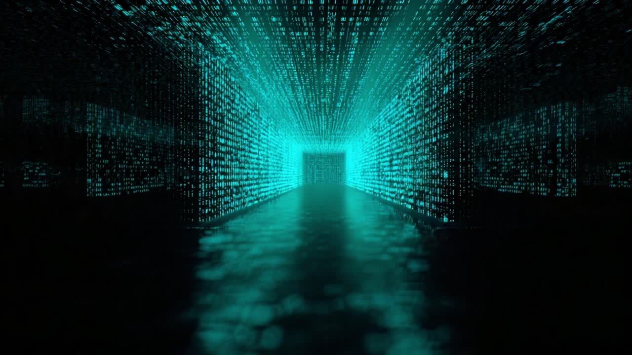 Abstract animation of a journey through a futuristic digital tunnel with walls made of flowing turquoise code and data, representing the seamless transfer of information through cyberspace