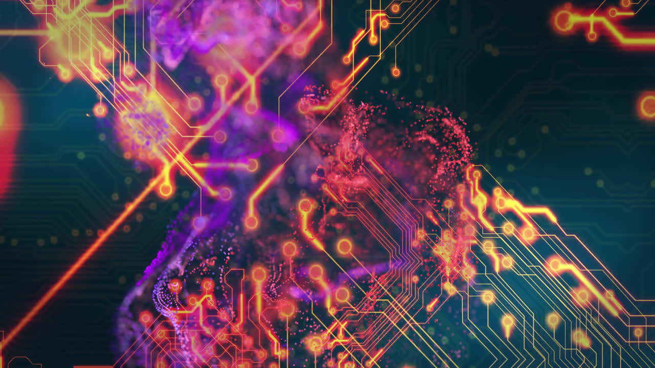 animación de la placa de circuitos y conexiones brillantes sobre un fondo negro