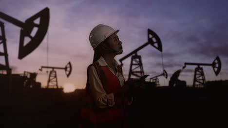 female oil field engineer at sunset