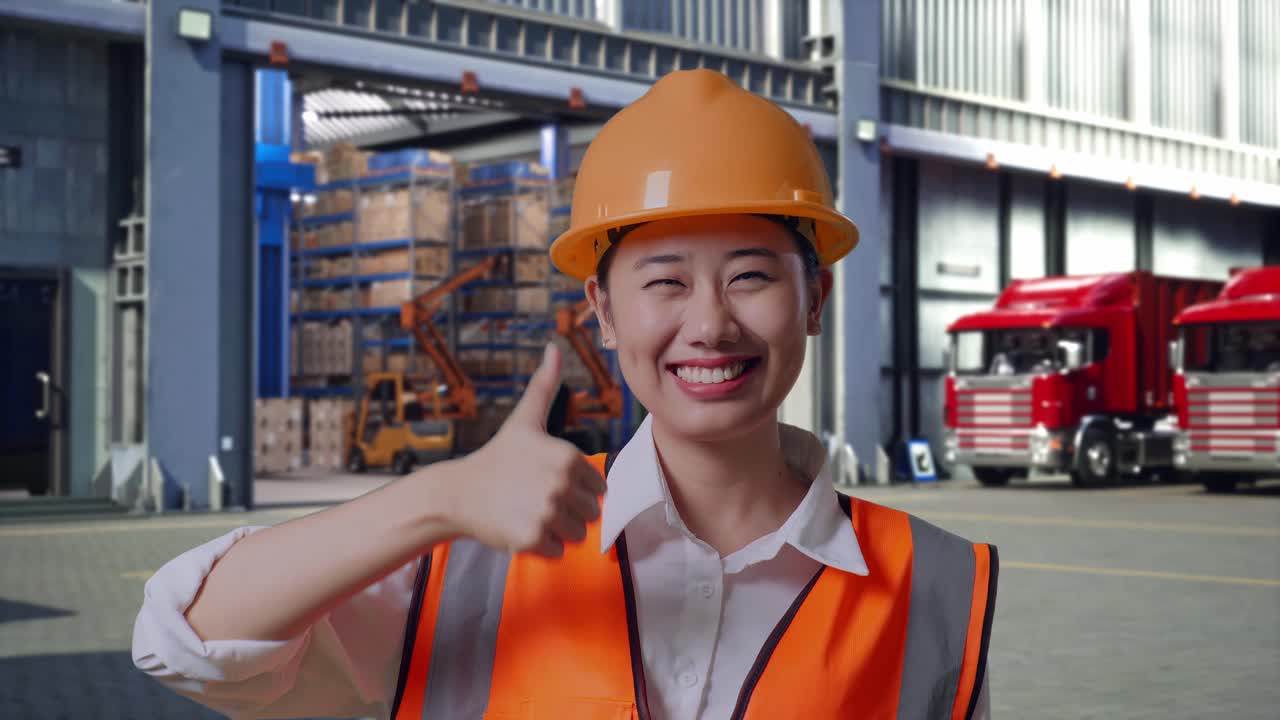 Close Up Of Asian Female Engineer With Safety Helmet Smiling And Showing Thumbs Up Gesture To The Camera, Outside of Logistics Distributions Warehouse