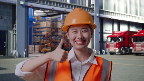 close up of asian female engineer with safety helmet smiling and showing thumbs up gesture to the camera, outside of logistics distributions warehouse