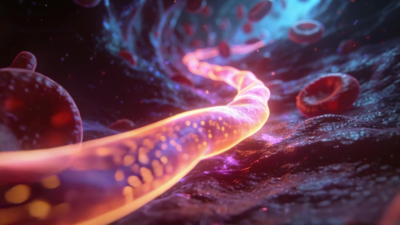 La vista cambia, la cámara sigue un filamento a través de un vaso revelando glóbulos rojos y motas moradas.