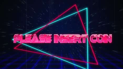 retro please insert coin text glitching over blue and red triangles on white hyperspace effect