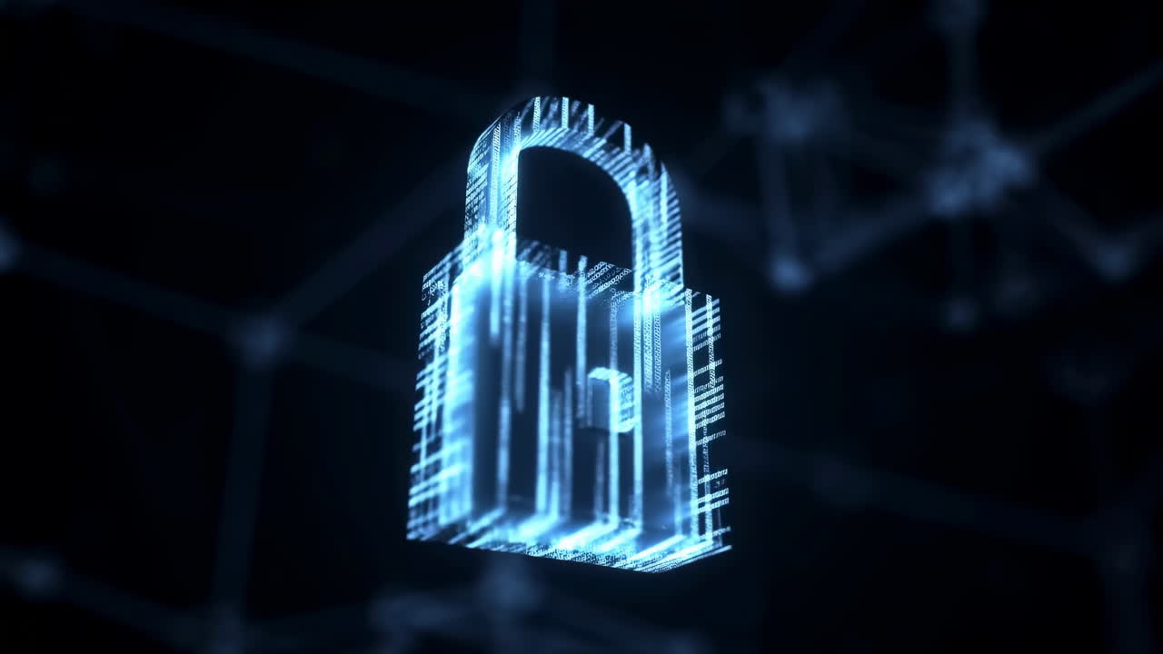 Holographic Padlock Glowing In Cyberspace, Neon Blue Hologram Rotating Above Network Grid, Streaming Data