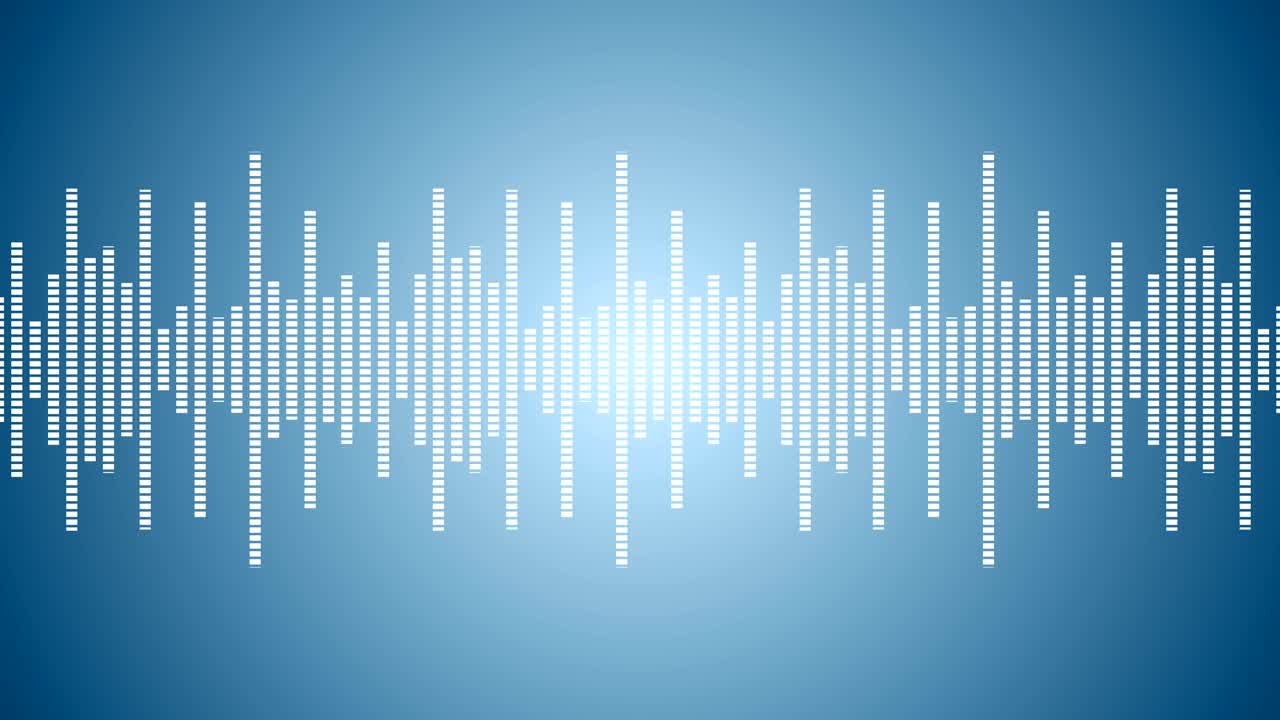 음악 파동 라인, 이라이저의 사운드 파동, 디지털 스 파동 개념, 밝은 파란색 배경의 미래의 루프, 화이트 웨이브 애니메이션