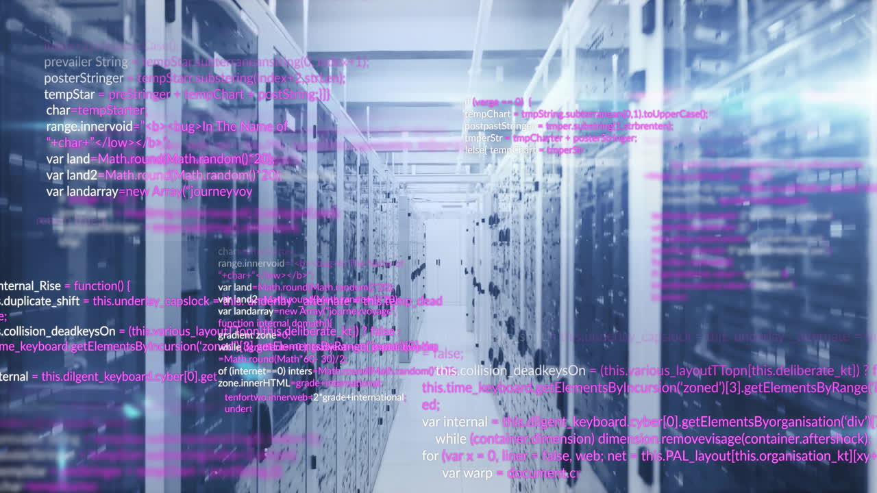 Computer code animation over server racks in data center