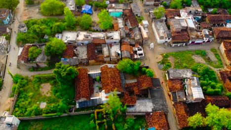 aerial view through the palm trees over road and roofs of houses indian village